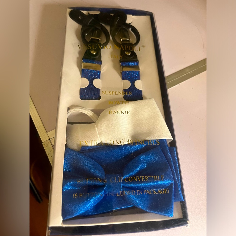 Extra long 48” inch suspenders, bow tie , and hankie
FREE white boys tie